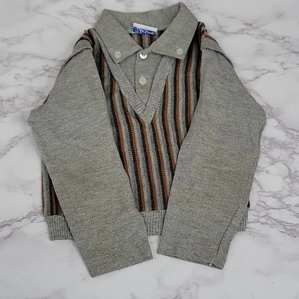 Doe Spun Vintage Grandpacore Striped Sweater Vest Polo Long Sleeve Boys 4T